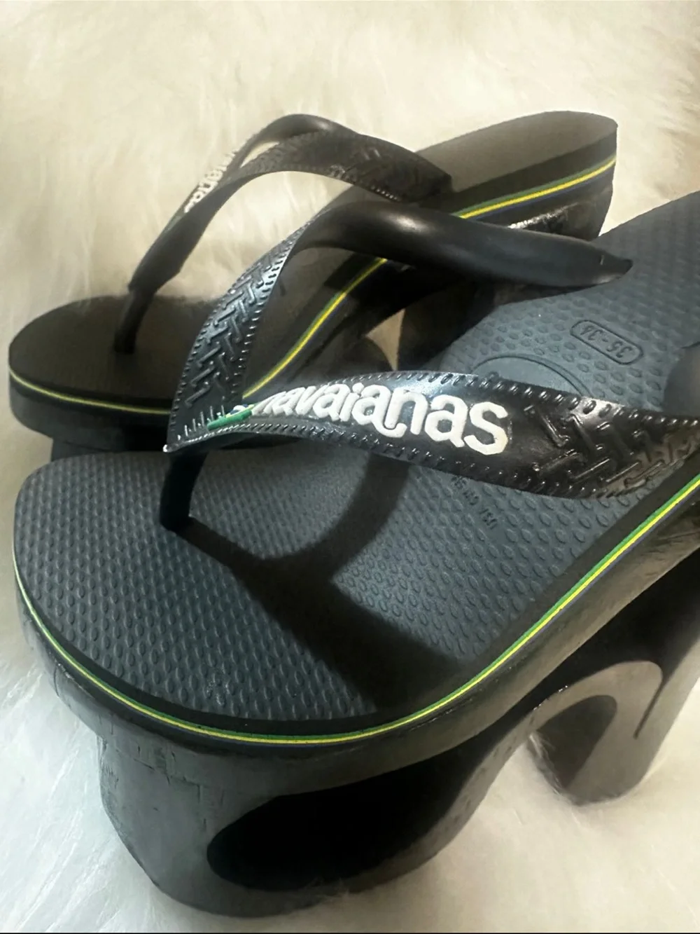 Havaianas Black Platform Wedge Flip Flops with Green Trim